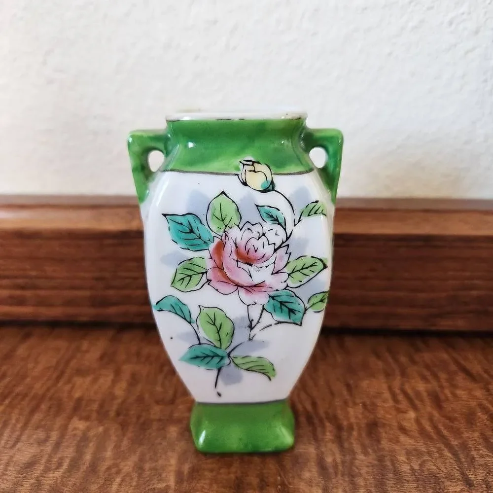 Japanese vase occupied Japan floral green cream home decor vintage miniature